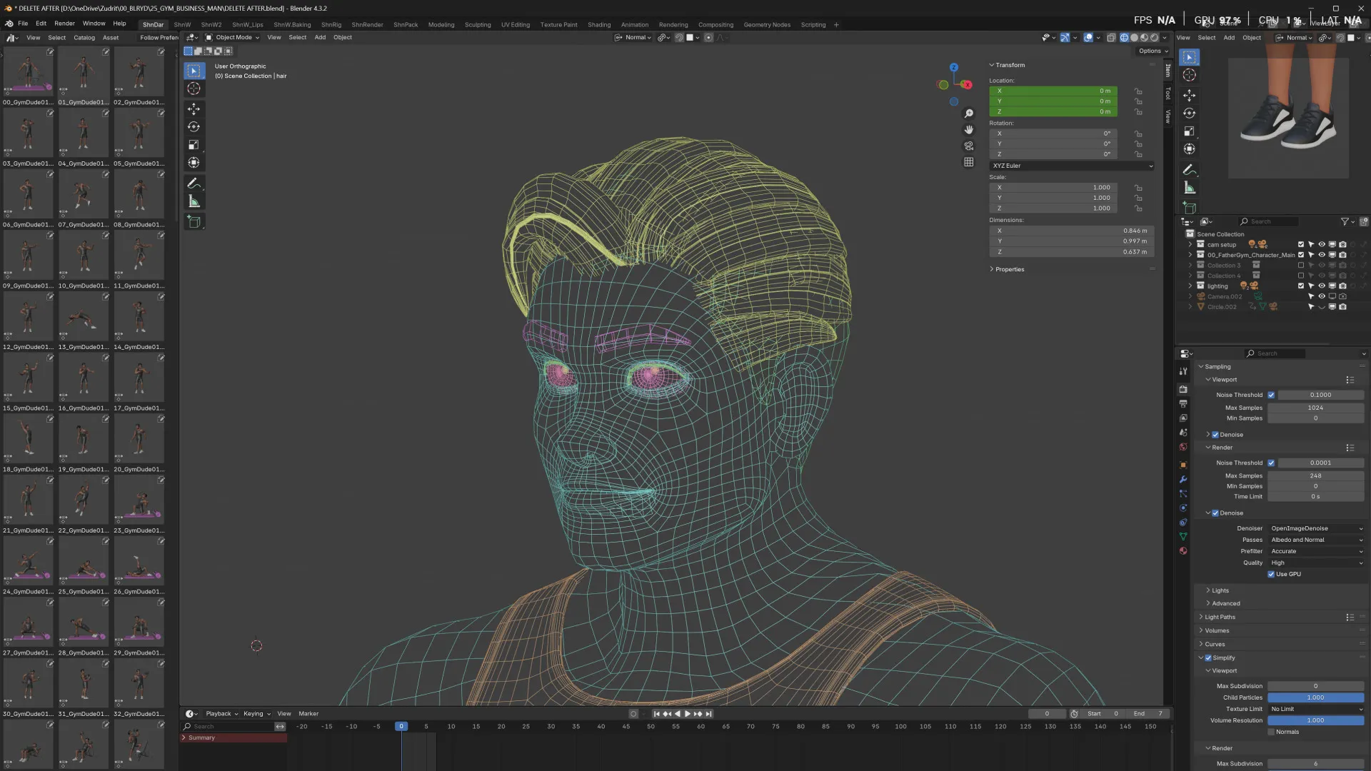 Low-poly quad topology 3D character wireframe